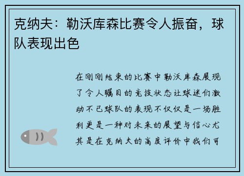 克纳夫：勒沃库森比赛令人振奋，球队表现出色