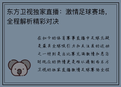 东方卫视独家直播：激情足球赛场，全程解析精彩对决