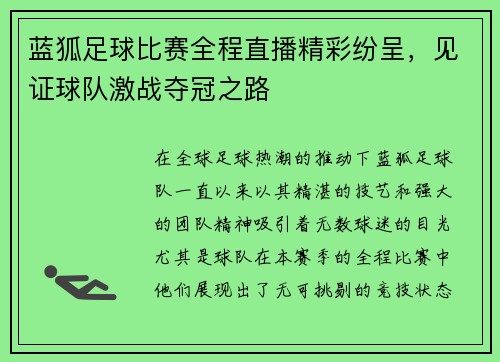 蓝狐足球比赛全程直播精彩纷呈，见证球队激战夺冠之路